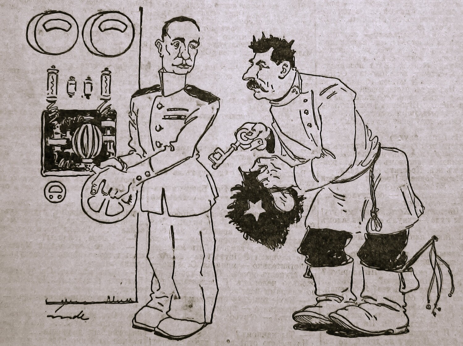 Что делать? В 20–30-е годы «невозвращенчество» советских дипломатов, разведчиков и прочих сотрудников загранпредставительств приняло масштаб эпидемии И. Сталин: — Гражданин Маркони! Вы зажигаете лампочки на расстоянии, не могли бы вы изобрести замок, которым бы я мог прикрепить на расстоянии своих полпредов и торгпредов?В. Линде, 1930 г.